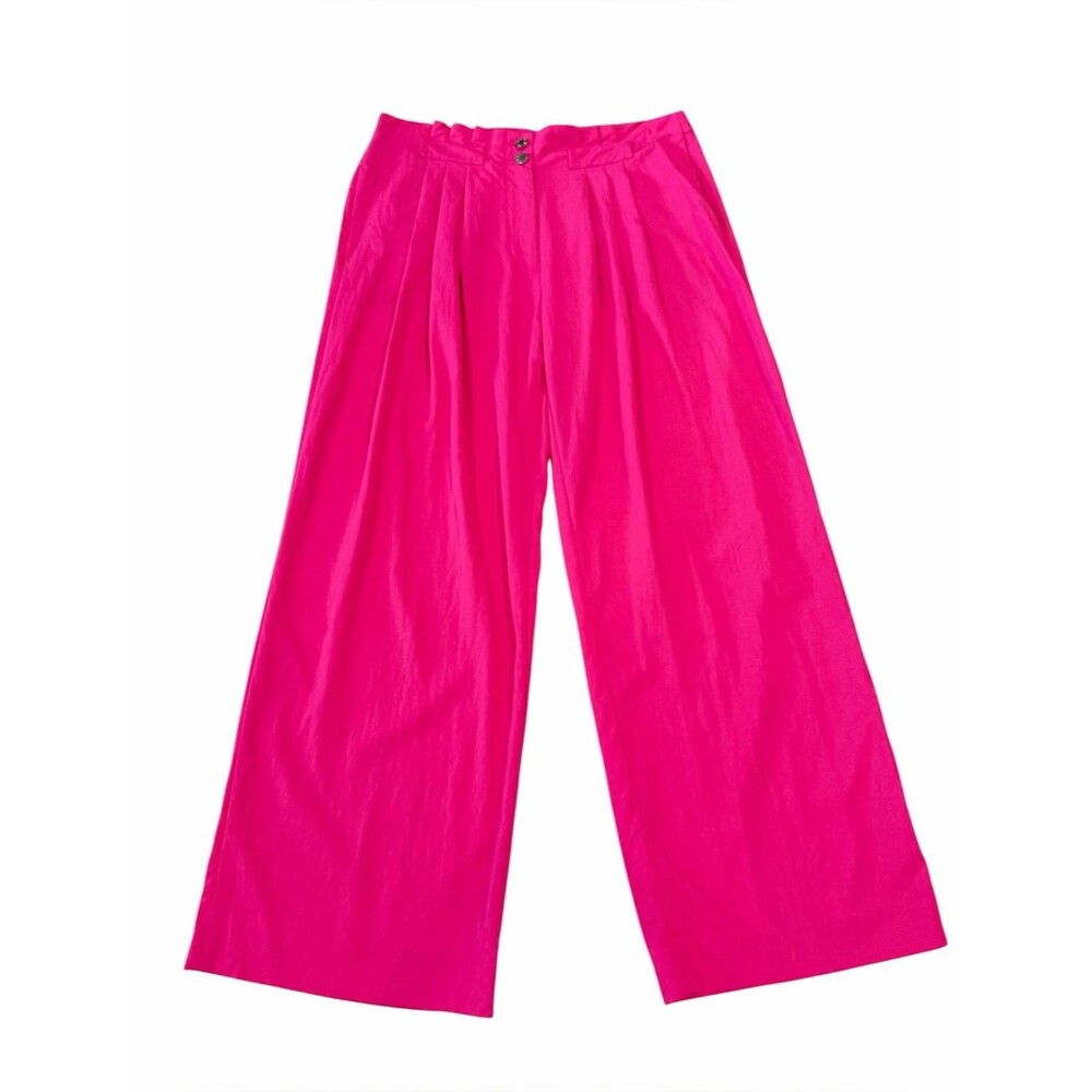 DKNY Wide Leg Pleated Front Trouser Pants High Rise Bright Pink 14 NEW